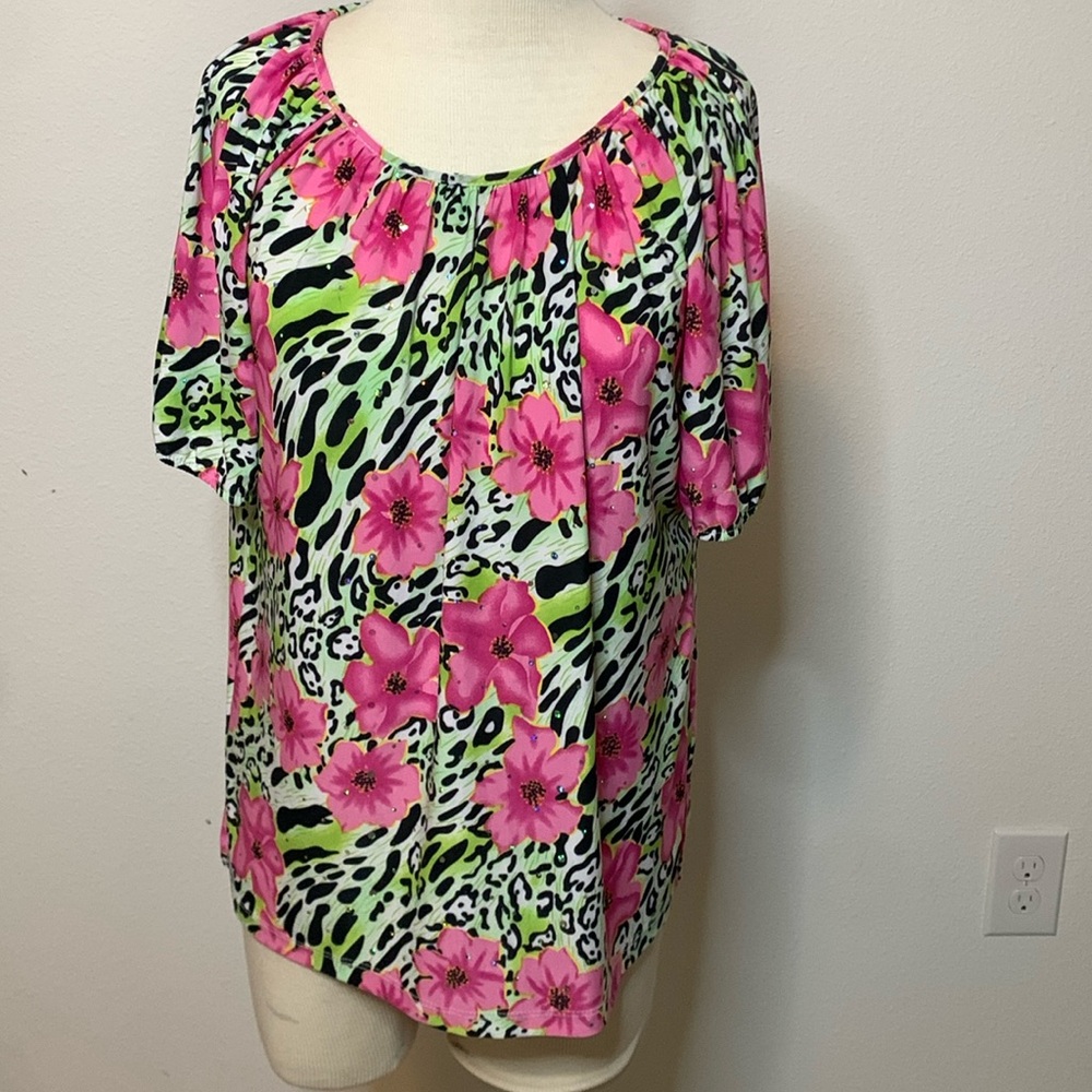 Cathy Daniels Blouse floral top & animal print stretchy scoop neck MED PTP 21.5”